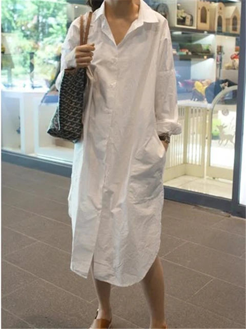 Autumn White Women's Shirts Dresses  New Single Breasted Straight Korean Casual Loose A-Line Dress Pockets Female