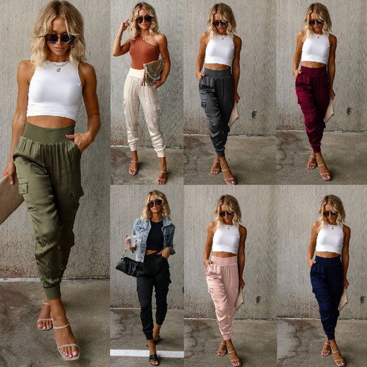 Autumn satin elastic waist pocket fashionable women's long pants casual pants