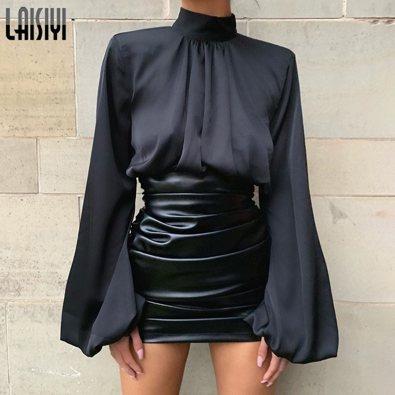 Blouses Satin Lantern Long Sleeve Women Blouse Spring Autumn Turtleneck Silk Women's Cropped Blouses and Shirts Top Blusas