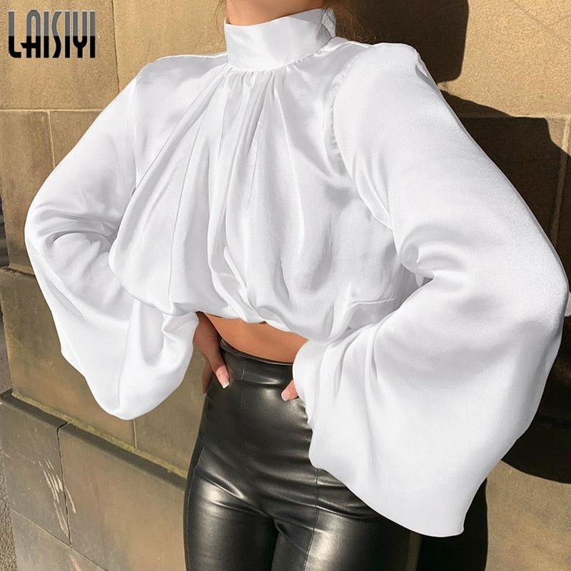 Blouses Satin Lantern Long Sleeve Women Blouse Spring Autumn Turtleneck Silk Women's Cropped Blouses and Shirts Top Blusas