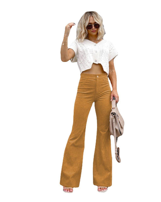 Autumn and Winter Women's Solid Color High Waist Slim Fit Micro Flare Pants Corduroy High Waist Casual Pants